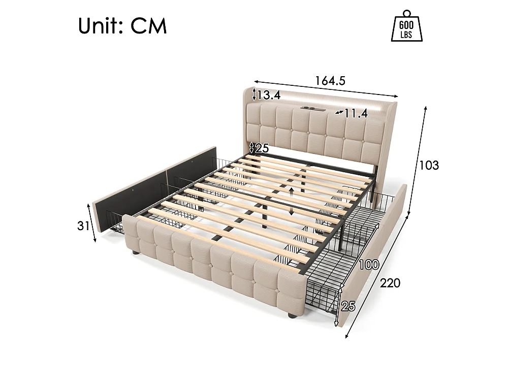Tweepersoonsbed 160x200 cm beige met matras 720 veren, USB, LED en 4 lades – intelligent high-end comfort