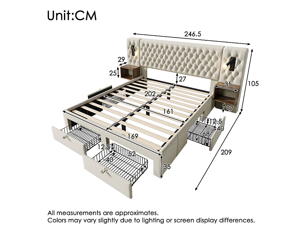 Complete slaapkamerset 160x200 cm – vintage fluwelen gestoffeerd bed met opbergruimte, 2 nachtkastjes, 4 lades, USB/LED-oplader, matras inbegrepen