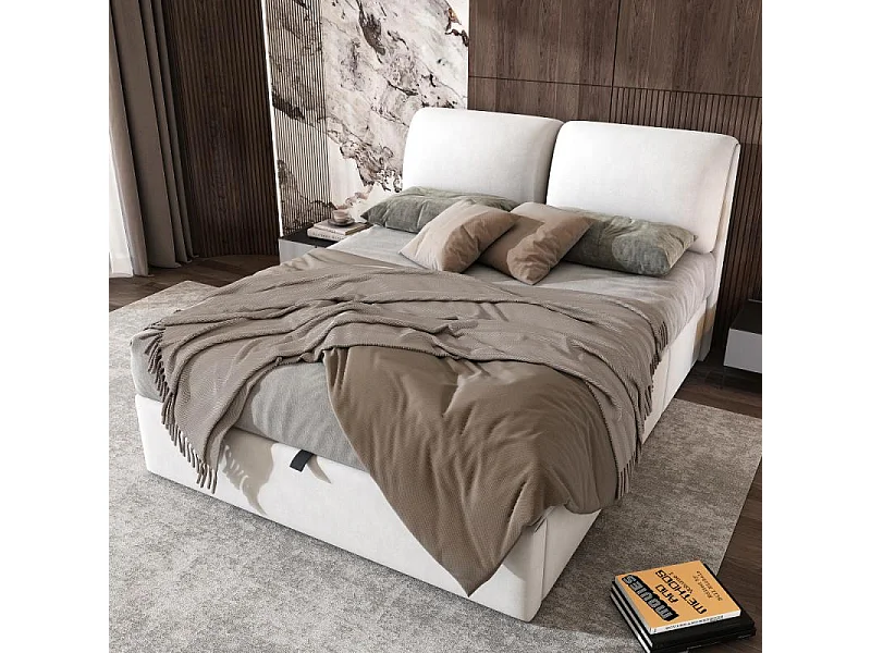 Cama tapizada en terciopelo beige 140x200 con elevación hidráulica, 3 cajones, somier de lamas, cabecero regulable, almacenamiento integrado