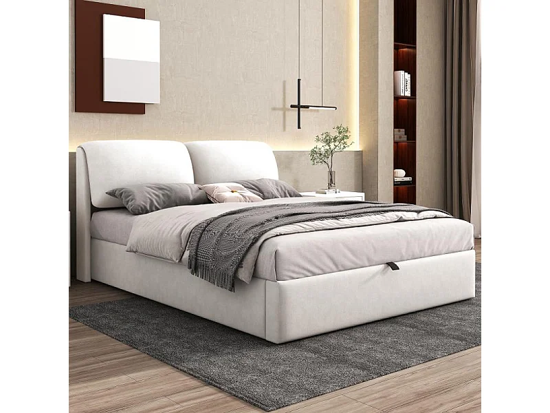 Cama tapizada en terciopelo beige 140x200 con elevación hidráulica, 3 cajones, somier de lamas, cabecero regulable, almacenamiento integrado