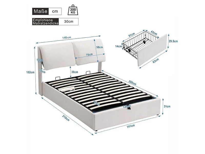 Cama tapizada en terciopelo beige 140x200 con elevación hidráulica, 3 cajones, somier de lamas, cabecero regulable, almacenamiento integrado