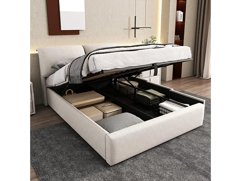 Cama tapizada en terciopelo beige 140x200 con elevación hidráulica, 3 cajones, somier de lamas, cabecero regulable, almacenamiento integrado