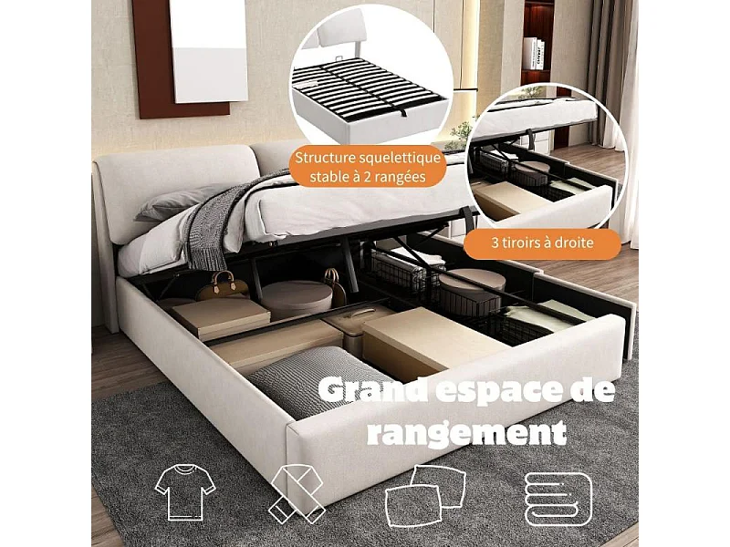 Cama tapizada en terciopelo beige 140x200 con elevación hidráulica, 3 cajones, somier de lamas, cabecero regulable, almacenamiento integrado
