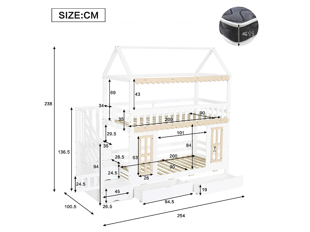 Kinderhutbed 90x200cm huis natuurlijk wit hout trap opbergladen grenen MDF veilig ontwerp decoratief