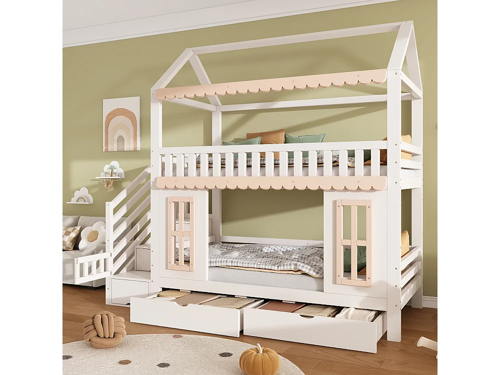 Kinderhutbed 90x200cm huis natuurlijk wit hout trap opbergladen grenen MDF veilig ontwerp decoratief