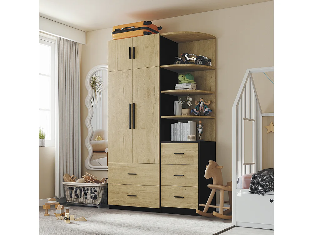 Armoire Dressing 2 Portes avec Penderie et 5 Tiroirs, Placard Chambre MDF Noir Bois Naturel Rangement