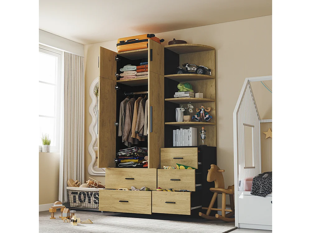 Armoire Dressing 2 Portes avec Penderie et 5 Tiroirs, Placard Chambre MDF Noir Bois Naturel Rangement