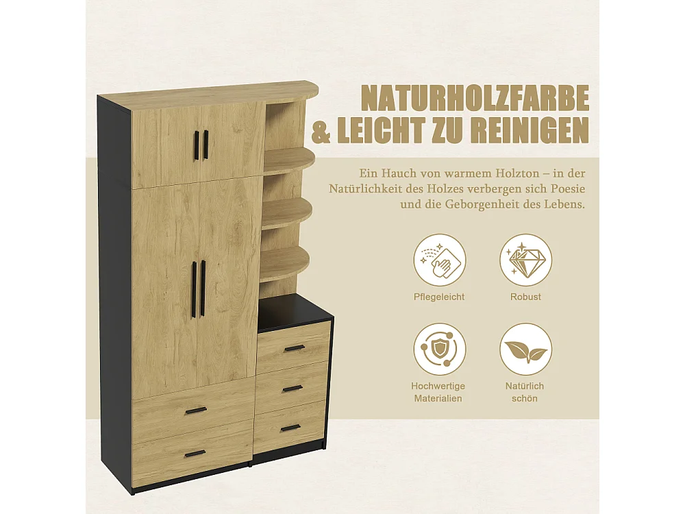 Armoire Dressing 2 Portes avec Penderie et 5 Tiroirs, Placard Chambre MDF Noir Bois Naturel Rangement