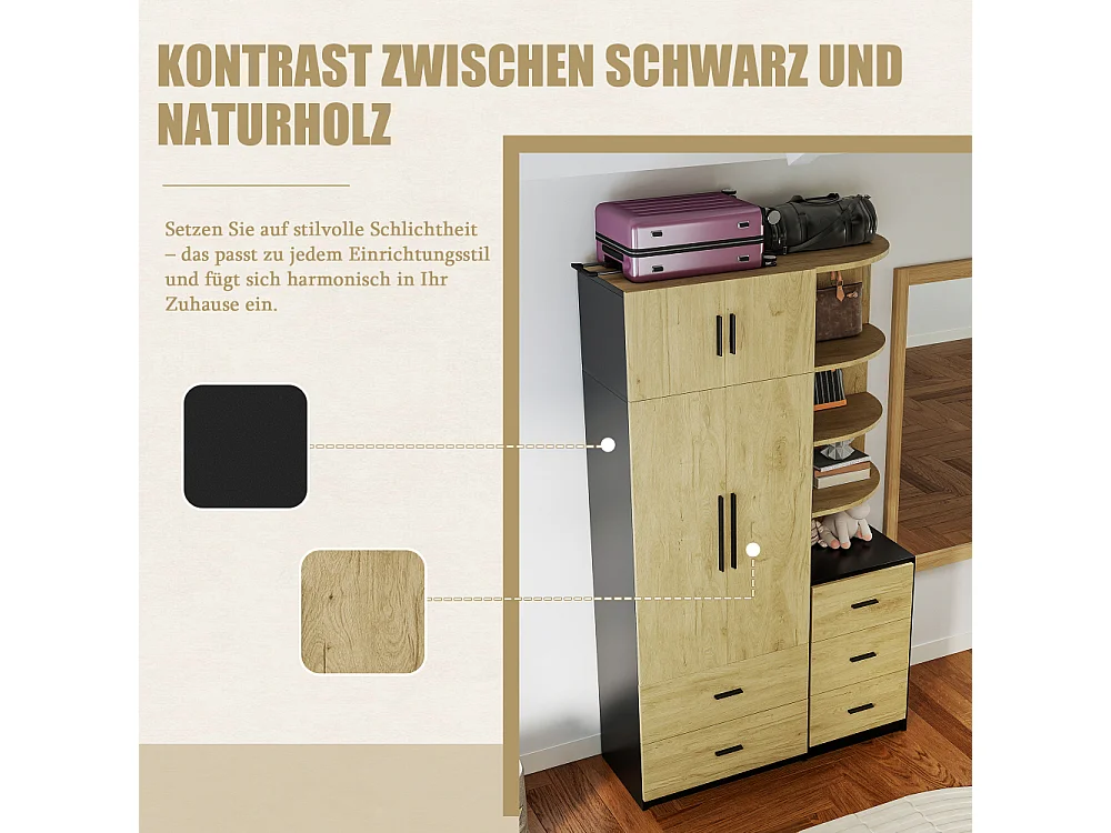 Armoire Dressing 2 Portes avec Penderie et 5 Tiroirs, Placard Chambre MDF Noir Bois Naturel Rangement