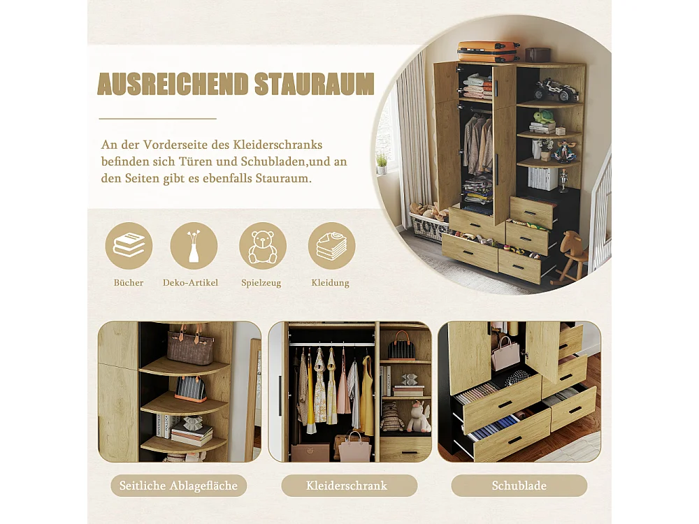 Armoire Dressing 2 Portes avec Penderie et 5 Tiroirs, Placard Chambre MDF Noir Bois Naturel Rangement
