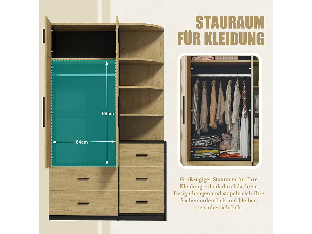 Armoire Dressing 2 Portes avec Penderie et 5 Tiroirs, Placard Chambre MDF Noir Bois Naturel Rangement