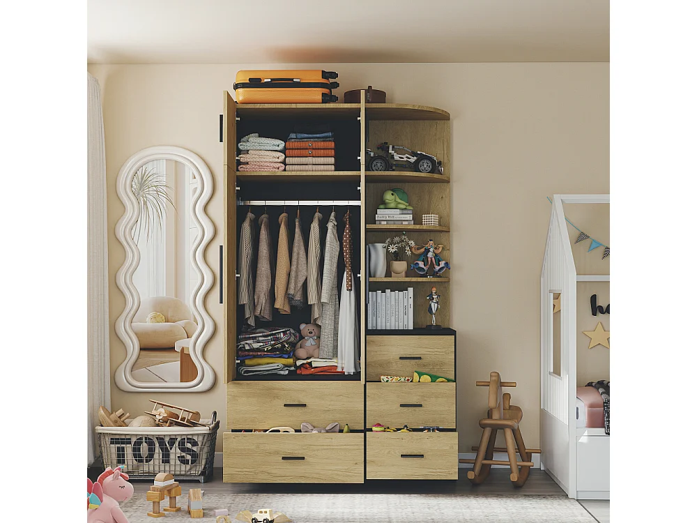 Armoire Dressing 2 Portes avec Penderie et 5 Tiroirs, Placard Chambre MDF Noir Bois Naturel Rangement