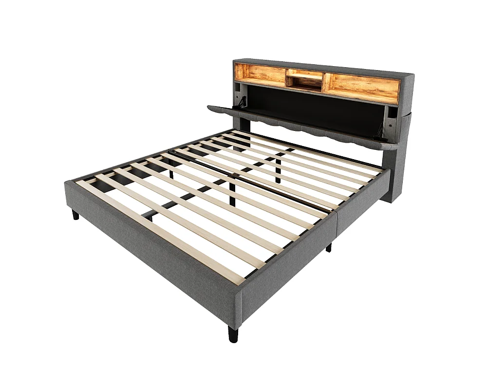 Cama Doble Tapizada 140x200 cm con Cajón de Almacenamiento en Cabecero, Luces LED y Armazón Gris