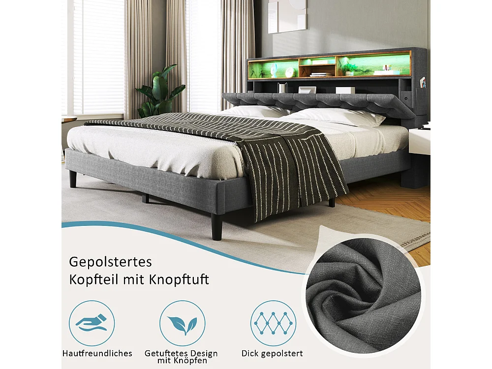 Cama Doble Tapizada 140x200 cm con Cajón de Almacenamiento en Cabecero, Luces LED y Armazón Gris