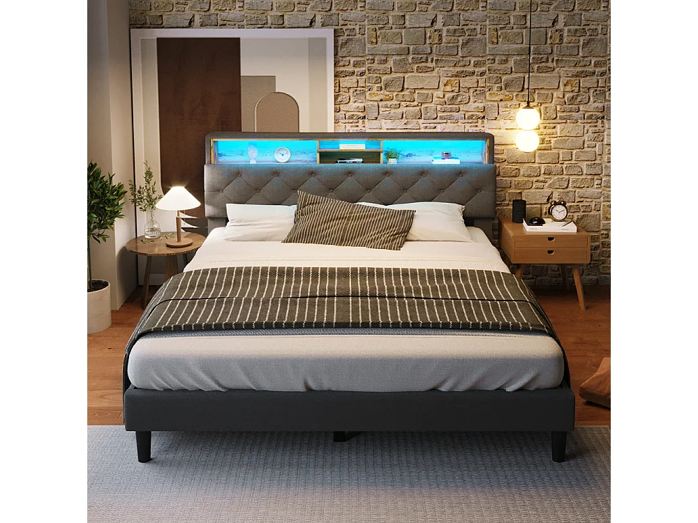 Cama Doble Tapizada 140x200 cm con Cajón de Almacenamiento en Cabecero, Luces LED y Armazón Gris