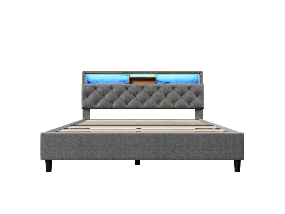 Cama Doble Tapizada 140x200 cm con Cajón de Almacenamiento en Cabecero, Luces LED y Armazón Gris