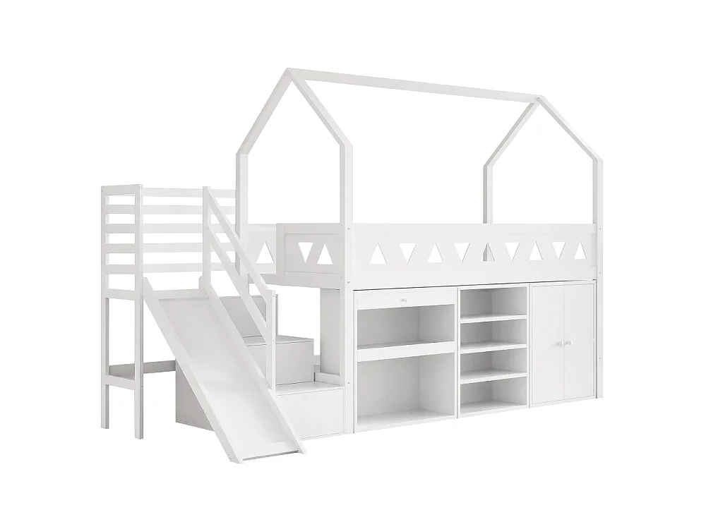 Letto bambino 90x200 cm in legno massello bianco con scivolo, scala, cassetti, contenitore sicuro