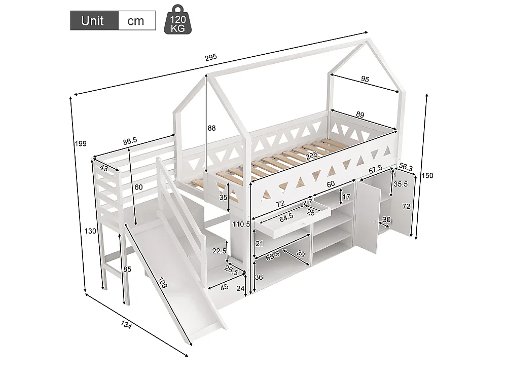 Letto bambino 90x200 cm in legno massello bianco con scivolo, scala, cassetti, contenitore sicuro