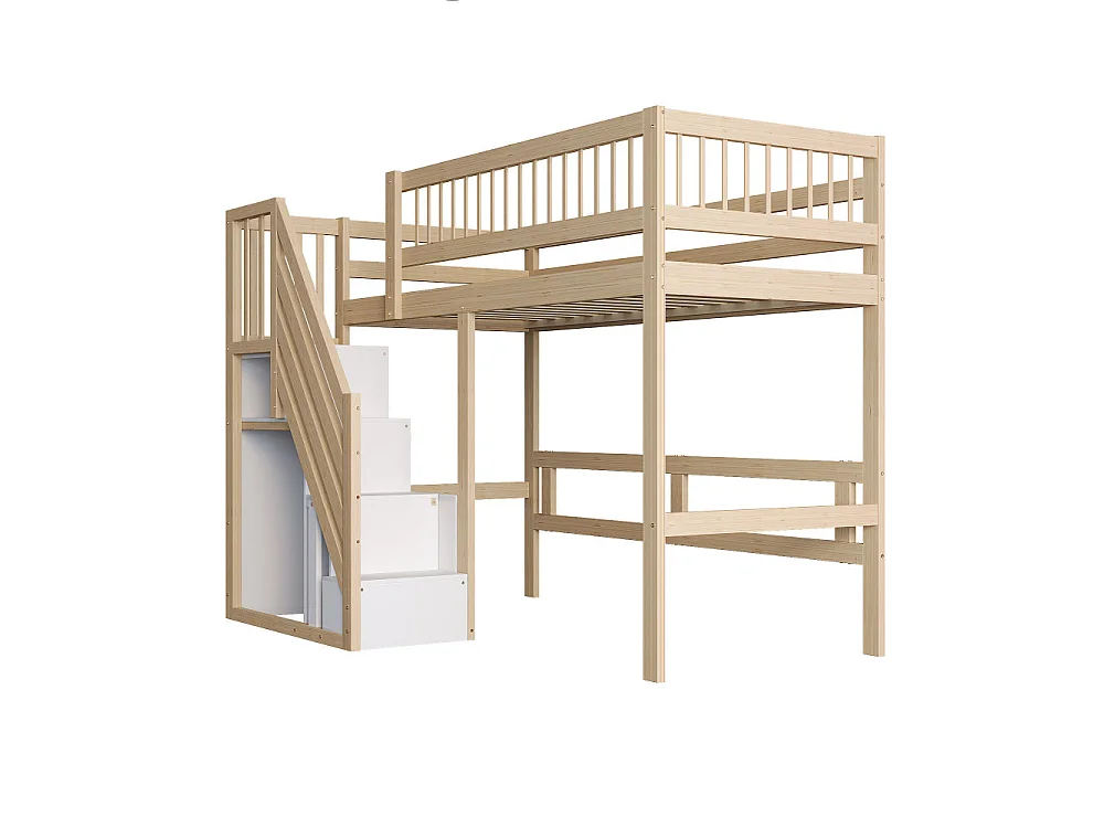 Cama de madera maciza 90×200 para niño con escalera de almacenaje integrada – cama ahorradora de espacio dormitorio moderno