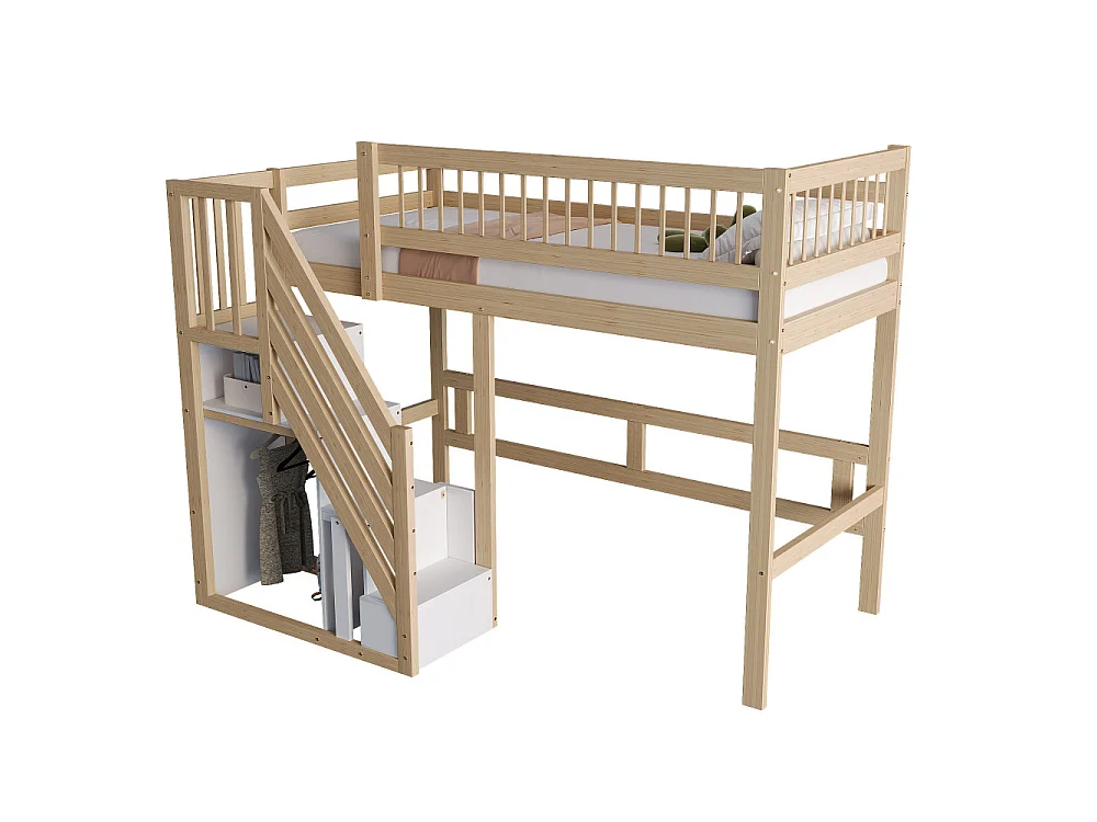 Cama de madera maciza 90×200 para niño con escalera de almacenaje integrada – cama ahorradora de espacio dormitorio moderno