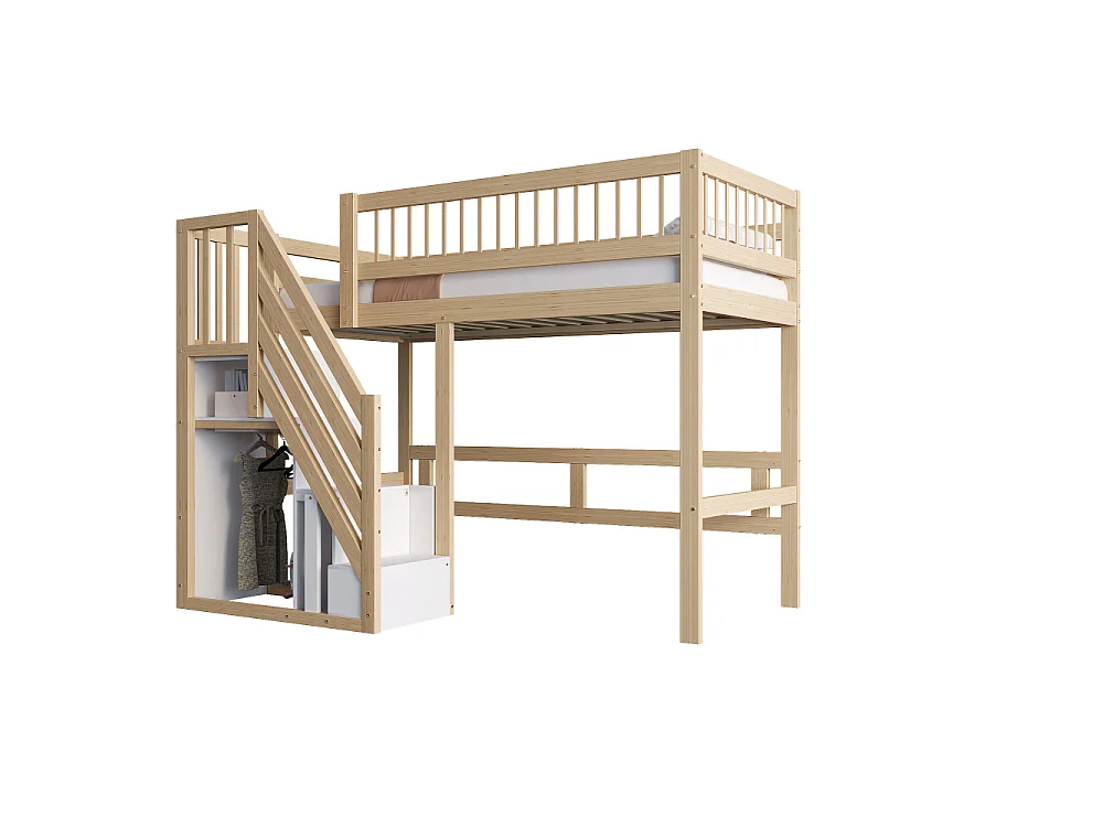Cama de madera maciza 90×200 para niño con escalera de almacenaje integrada – cama ahorradora de espacio dormitorio moderno