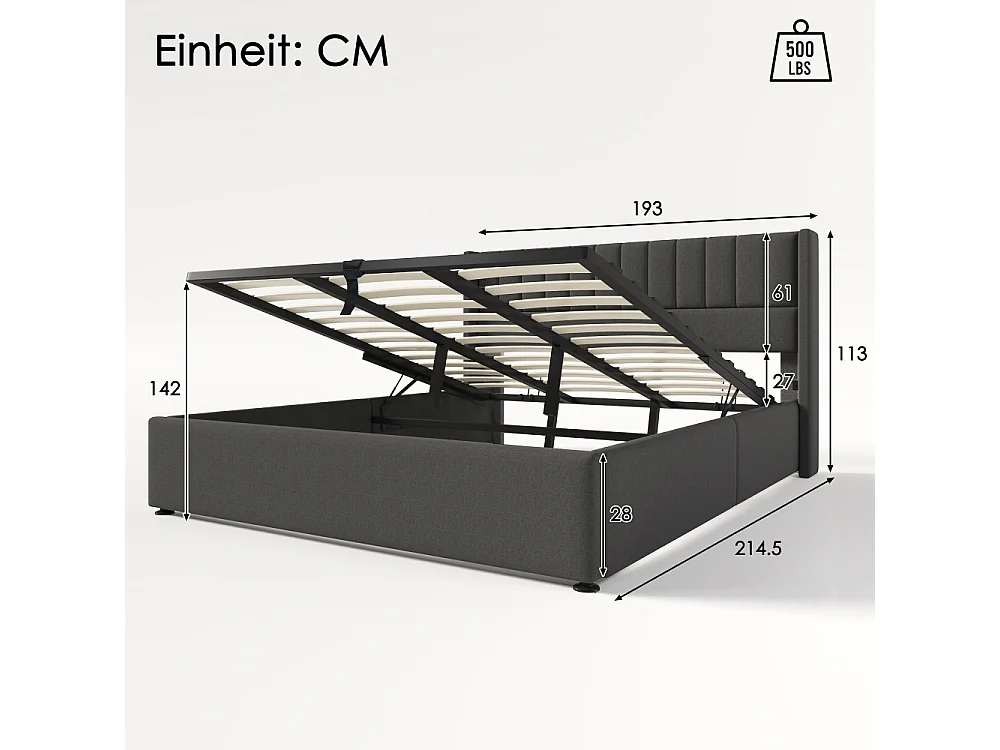 Lit de rangement rembourré hydraulique double avec sommier à lattes en bois, cadre métallique, lin, moderne