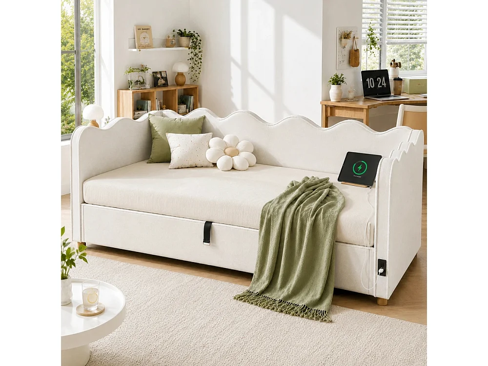 Daybett 90x200 cm letto imbottito velluto beige vano idraulico USB daybed divano letto design