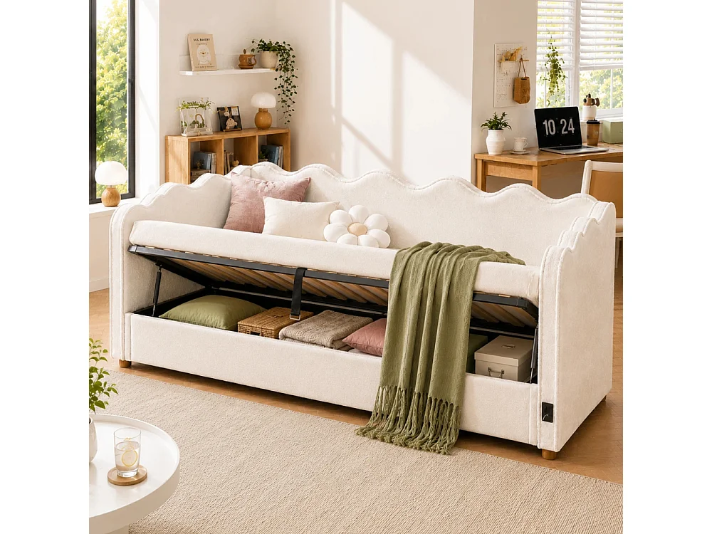 Daybett 90x200 cm letto imbottito velluto beige vano idraulico USB daybed divano letto design