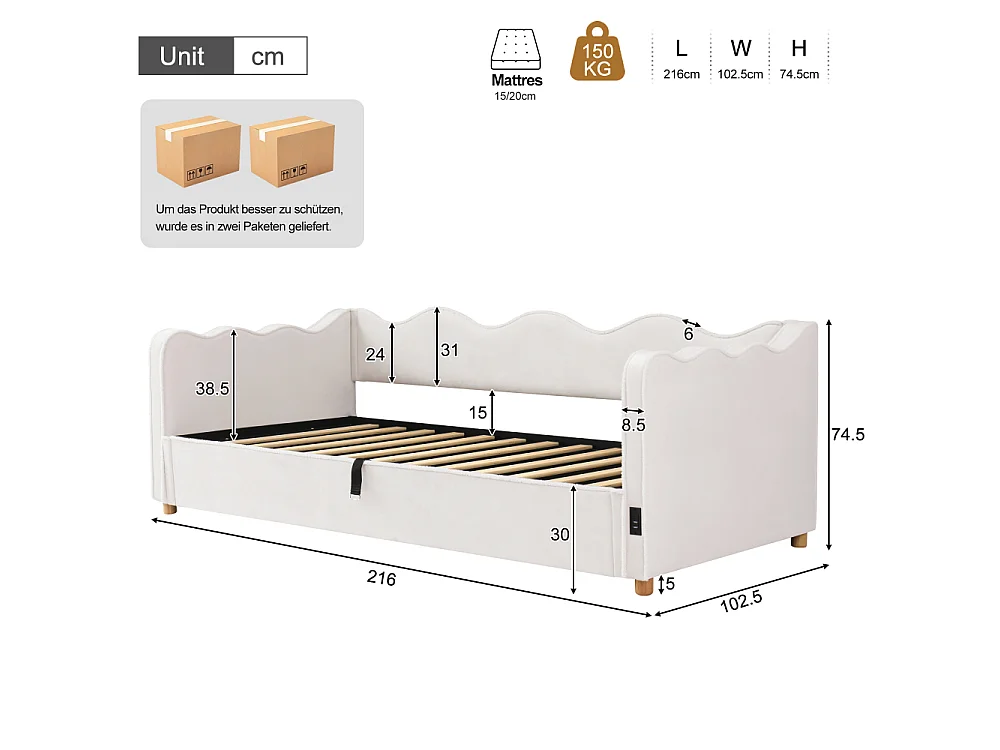 Daybett 90x200 cm letto imbottito velluto beige vano idraulico USB daybed divano letto design