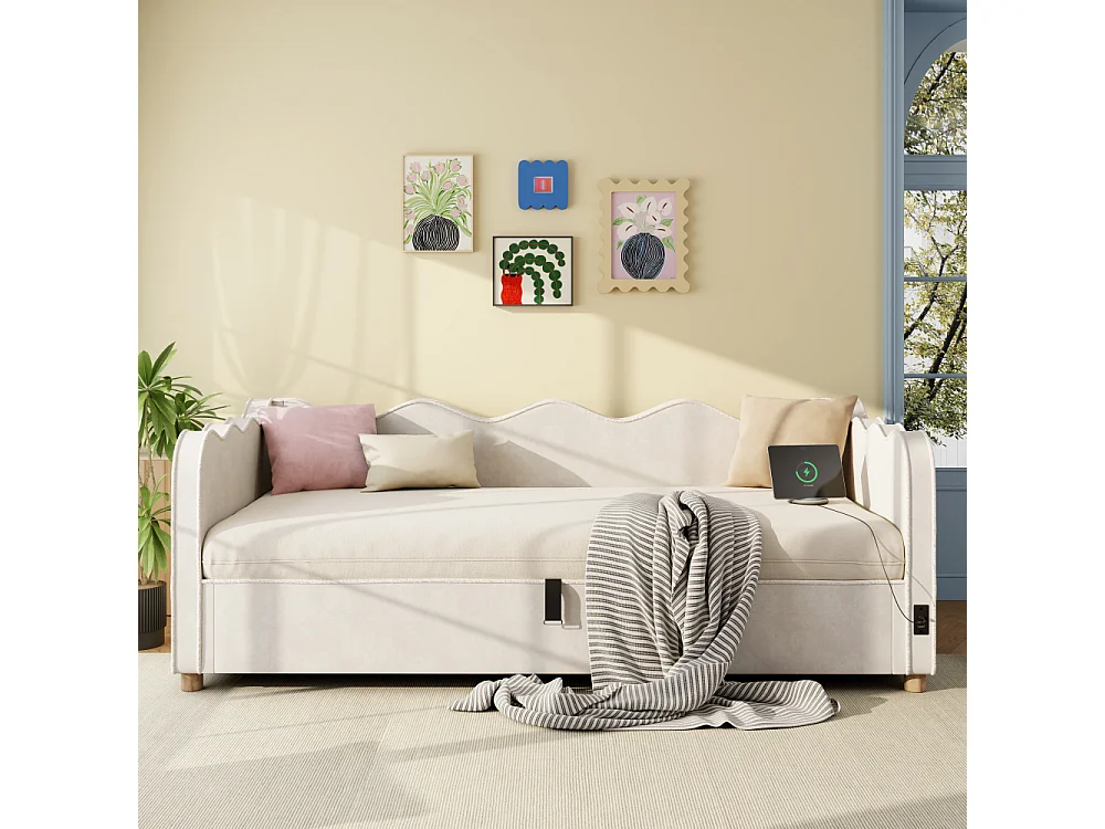 Daybett 90x200 cm letto imbottito velluto beige vano idraulico USB daybed divano letto design