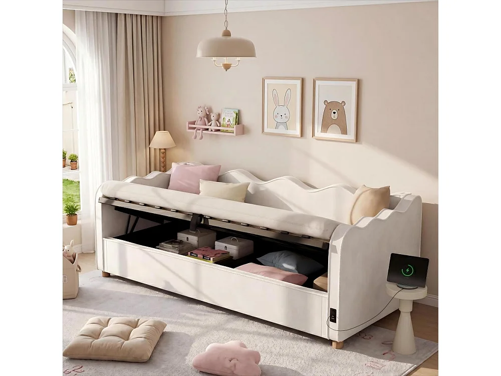 Daybett 90x200 cm letto imbottito velluto beige vano idraulico USB daybed divano letto design