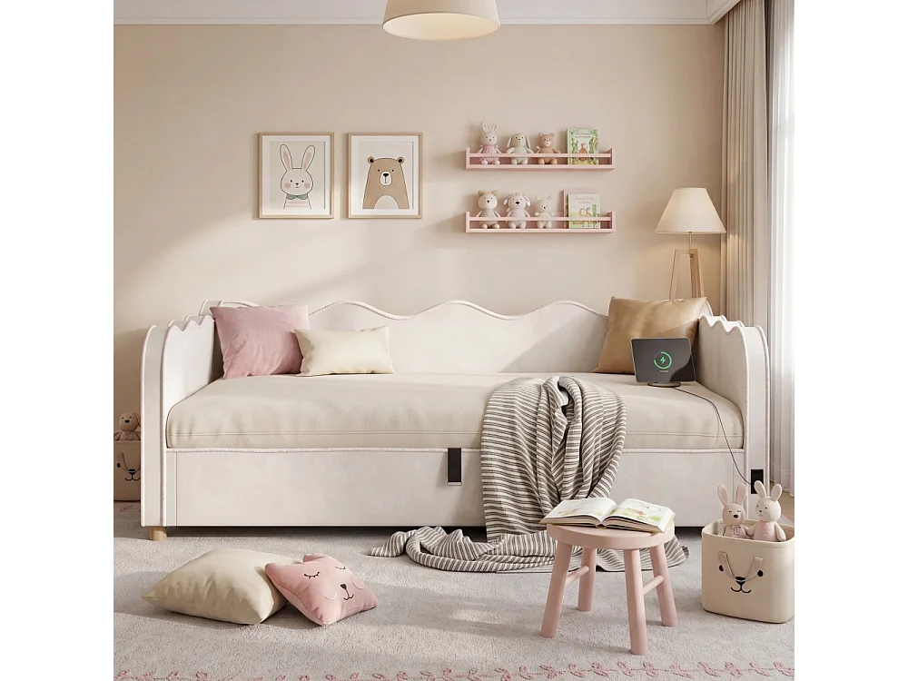 Daybett 90x200 cm letto imbottito velluto beige vano idraulico USB daybed divano letto design