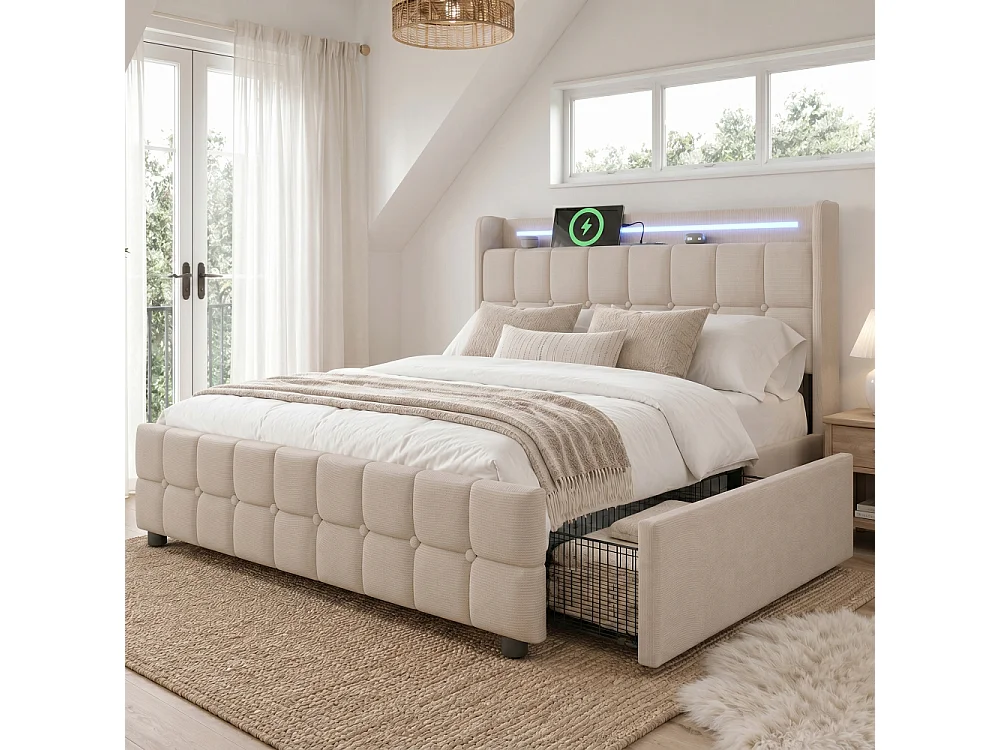 Letto Matrimoniale 160x200 cm Beige con USB, LED e 4 Cassetti – Stile Moderno e Funzionale