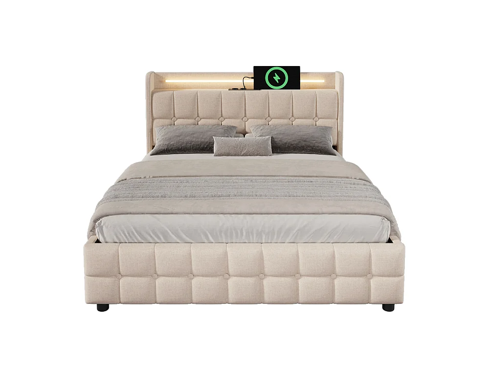 Letto Matrimoniale 160x200 cm Beige con USB, LED e 4 Cassetti – Stile Moderno e Funzionale