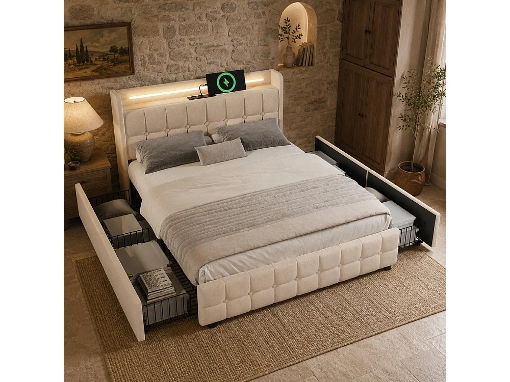 Letto Matrimoniale 160x200 cm Beige con USB, LED e 4 Cassetti – Stile Moderno e Funzionale