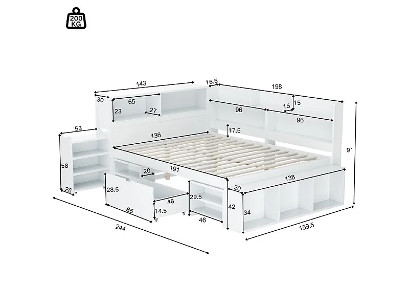 Lit Enfant 140x190 cm avec Rangement, Bibliothèque, Tiroir, Armoire Intégrée et Sommier à Lattes Blanc