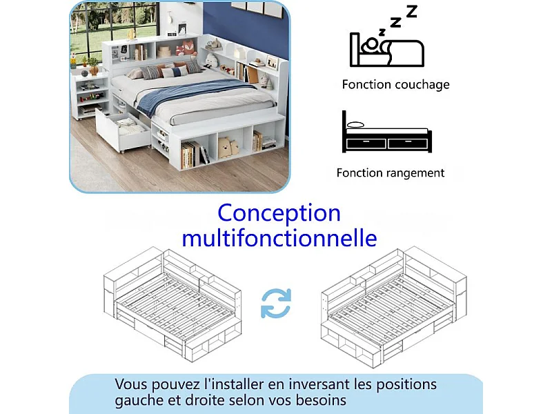 Lit Enfant 140x190 cm avec Rangement, Bibliothèque, Tiroir, Armoire Intégrée et Sommier à Lattes Blanc