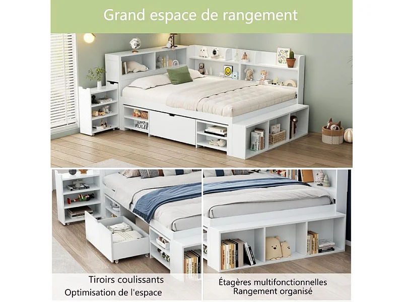 Lit Enfant 140x190 cm avec Rangement, Bibliothèque, Tiroir, Armoire Intégrée et Sommier à Lattes Blanc
