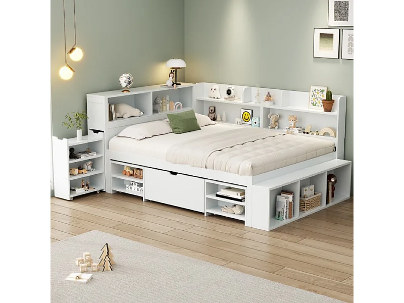 Lit Enfant 140x190 cm avec Rangement, Bibliothèque, Tiroir, Armoire Intégrée et Sommier à Lattes Blanc