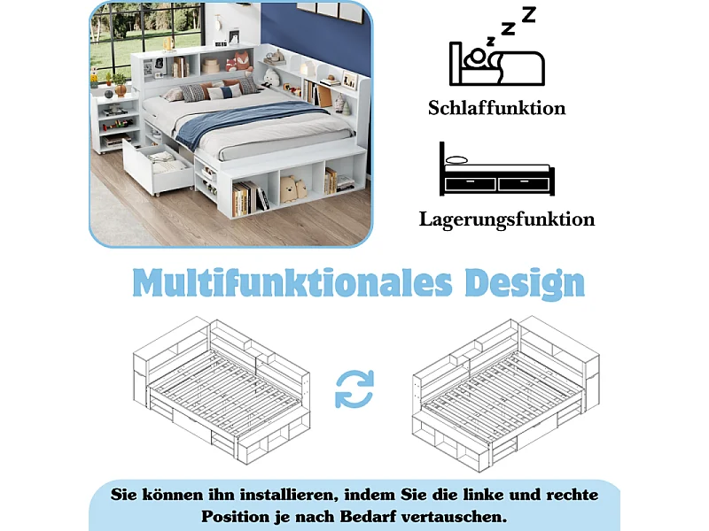 Lit Enfant 140x190 cm avec Rangement, Bibliothèque, Tiroir, Armoire Intégrée et Sommier à Lattes Blanc