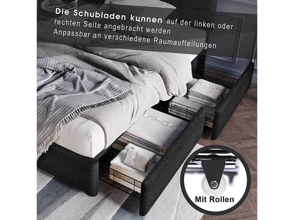 Eenpersoonsbed 90×200 met LED, verstelbaar hoofdeinde en 2 geïntegreerde opberglades