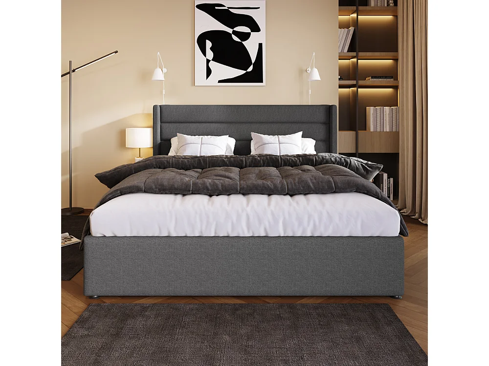 Hydraulisch opbergbed 140×200 in linnen met matras 620 veren, opbergruimte en versterkte structuur