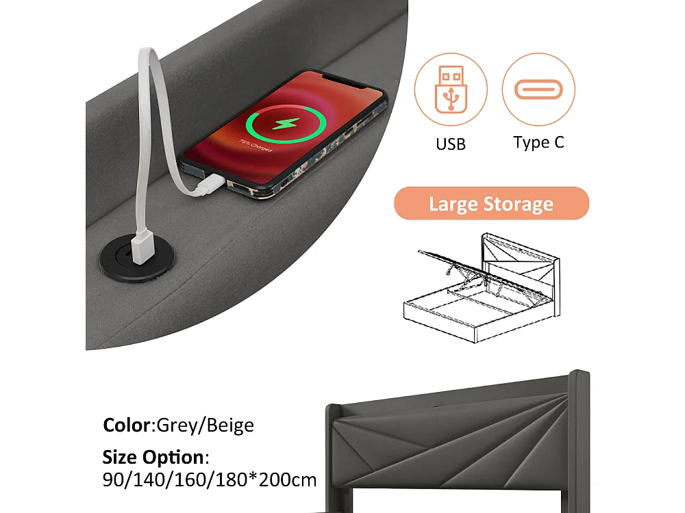 Lit Double 160x200 avec Rangement, USB-C, LED et Matelas 720 Ressorts – Confort Haut de Gamme