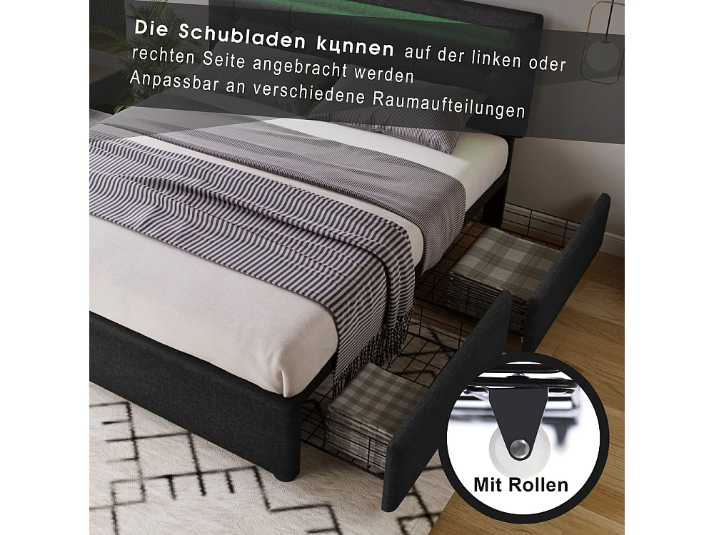Tweepersoonsbed 140×200 met LED, 4 opbergladen, verstelbaar hoofdeinde en versterkte structuur