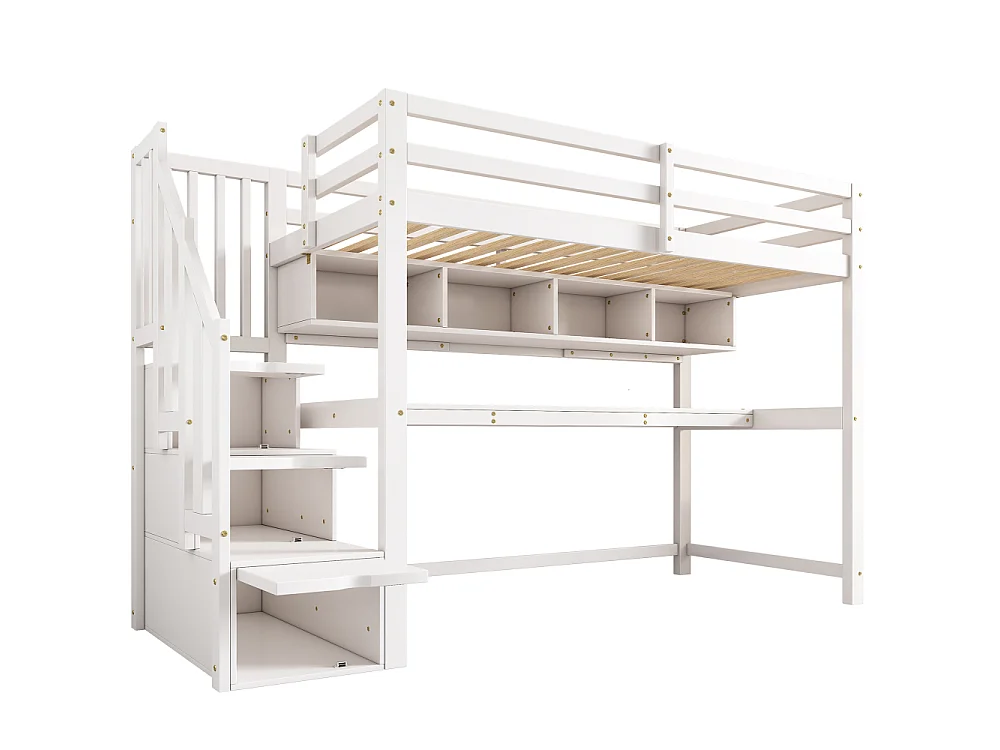 Letto a soppalco per bambini 90x200 cm con scrivania e scala contenitore in legno massello MDF bianco