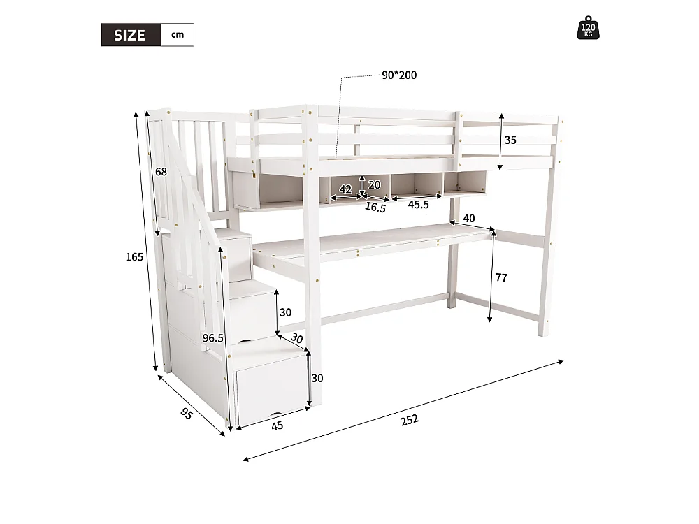Letto a soppalco per bambini 90x200 cm con scrivania e scala contenitore in legno massello MDF bianco