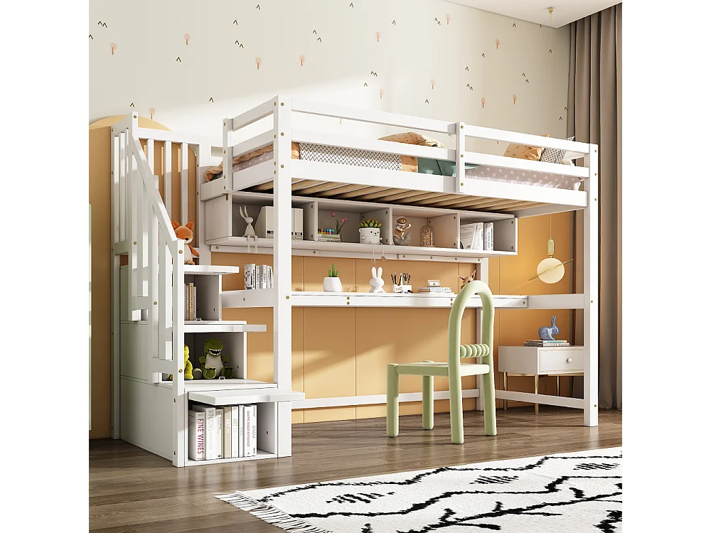 Letto a soppalco per bambini 90x200 cm con scrivania e scala contenitore in legno massello MDF bianco