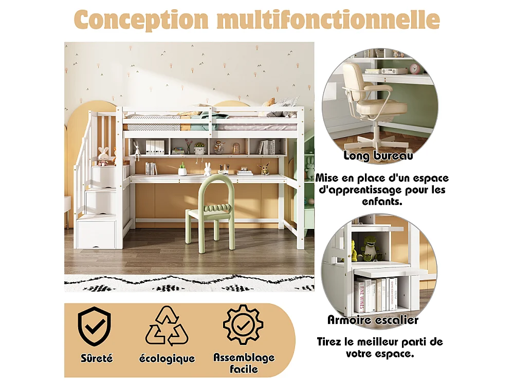 Letto a soppalco per bambini 90x200 cm con scrivania e scala contenitore in legno massello MDF bianco