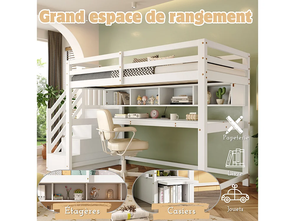 Letto a soppalco per bambini 90x200 cm con scrivania e scala contenitore in legno massello MDF bianco