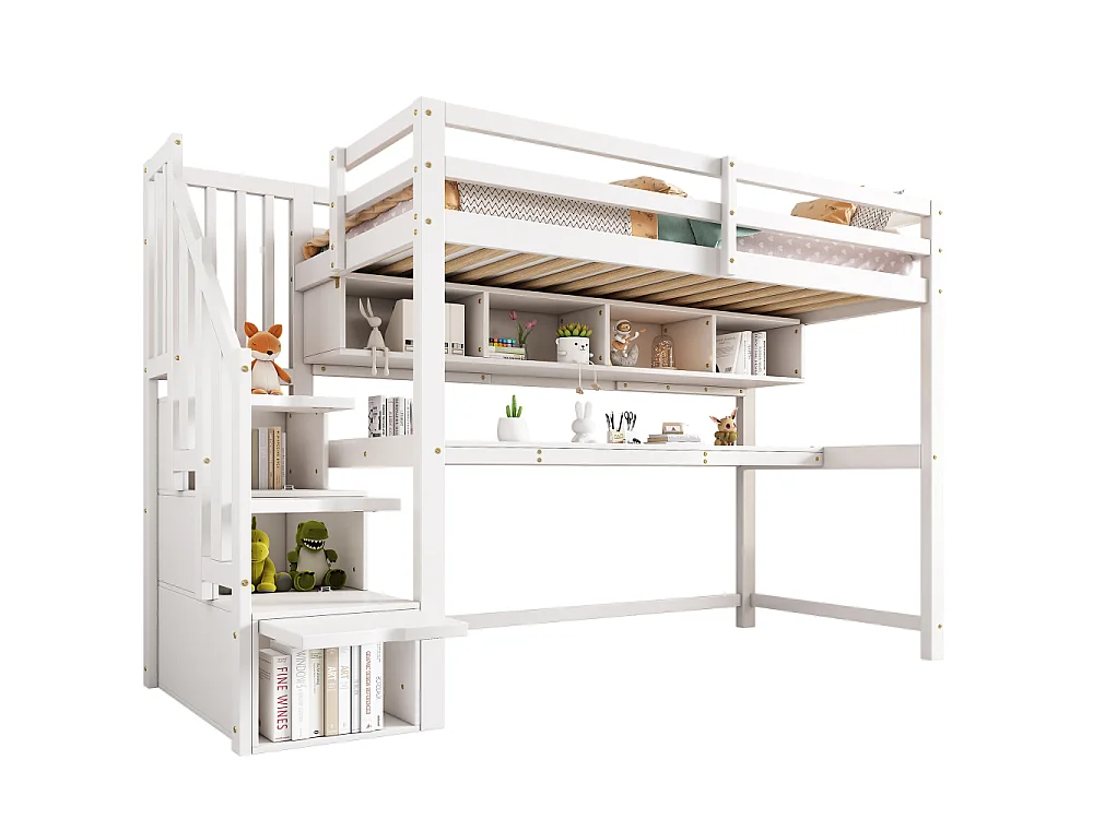 Letto a soppalco per bambini 90x200 cm con scrivania e scala contenitore in legno massello MDF bianco